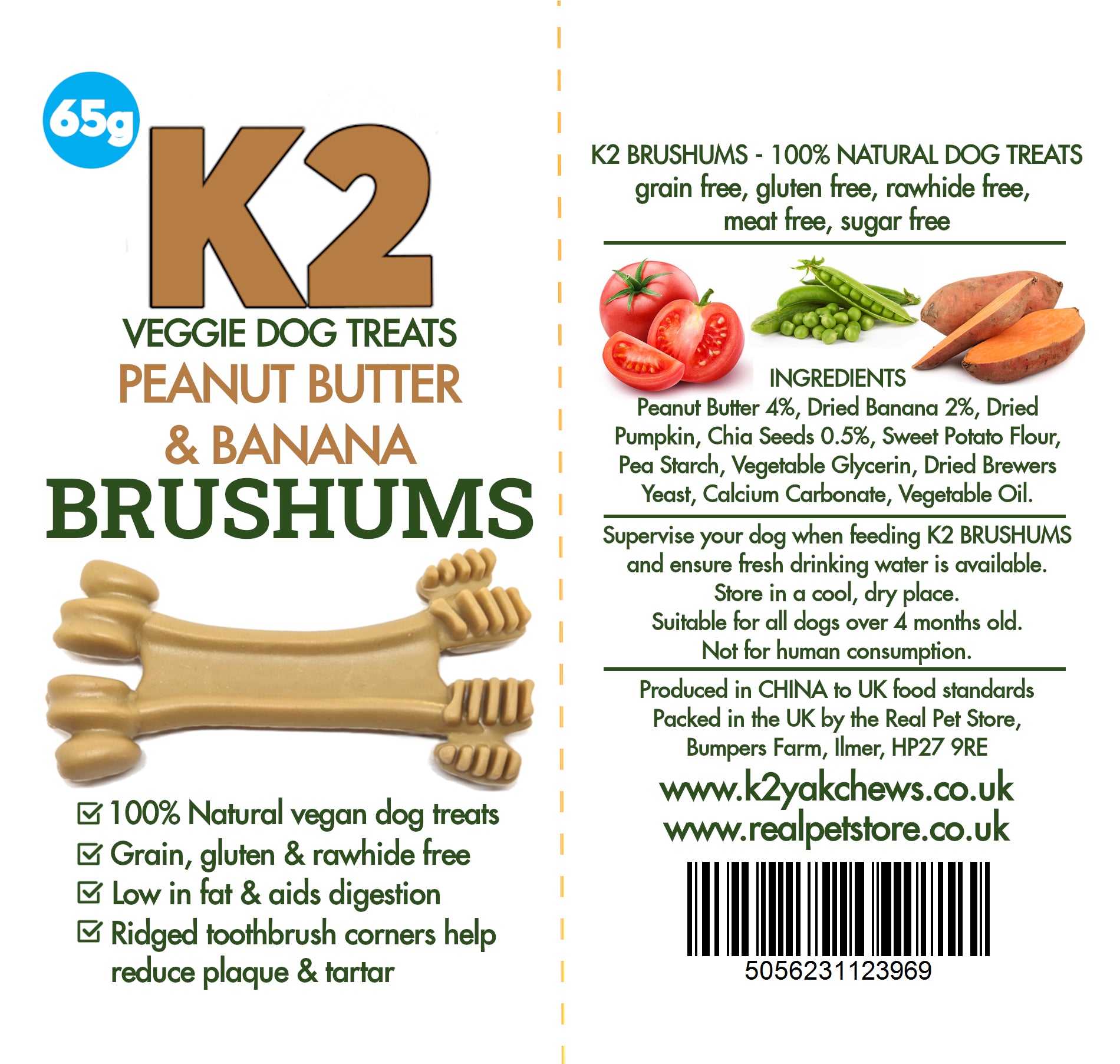 K2 Veggie Dog Treats Brushums Peanut Butter & Banana 65g