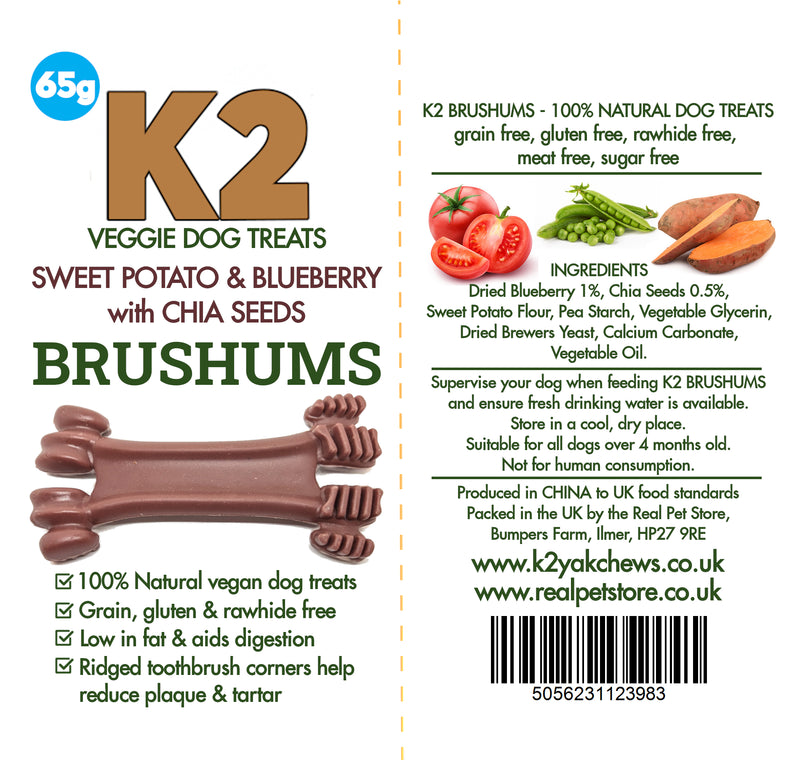 K2 Veggie Dog Treats Brushums Sweet Potato & Blueberry 65g