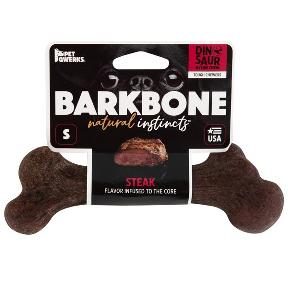 Pet Qwerks Dinosaur BarkBones Steak Nylon Tough Dog Toys 3 Sizes