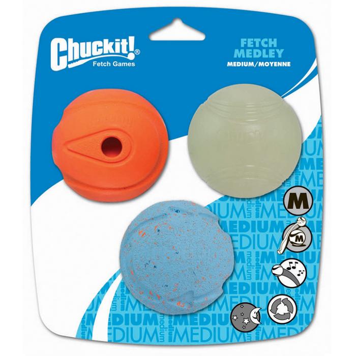 Chuckit Fetch Medley Balls Medium Whistler Max Glow Rebounce Pack of 3