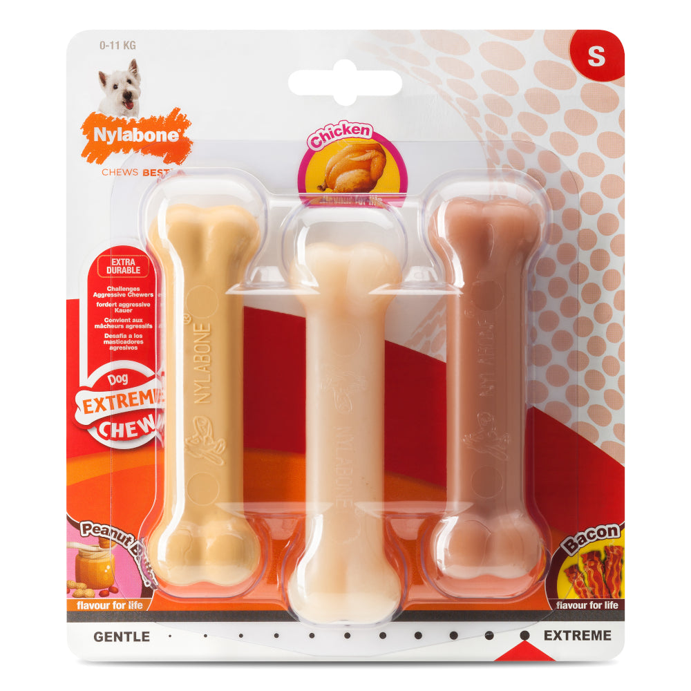 Nylabone Peanut Butter / Chicken / Bacon Extreme Bone Small Pack of 3