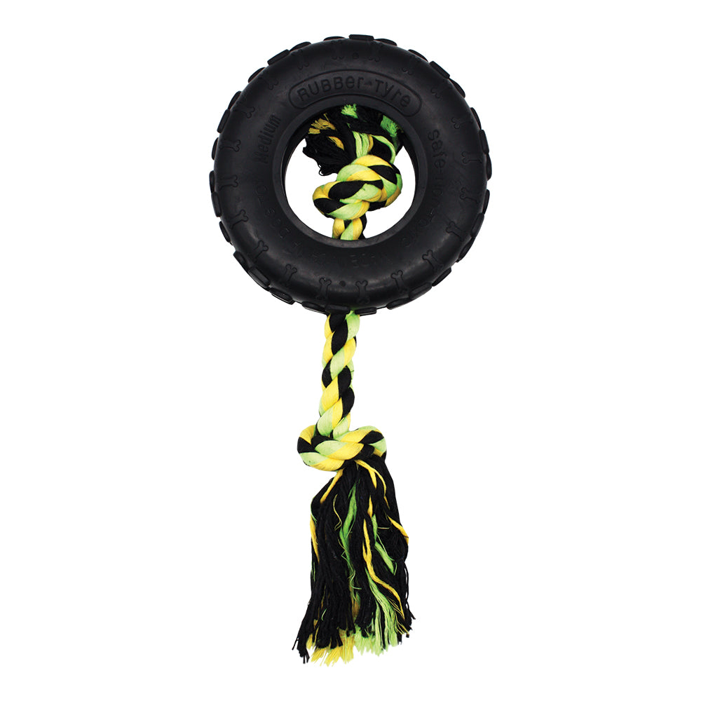 Grrrelli Rubber Tough Dog Toys Tyre Tugger w. Rope 3 Sizes