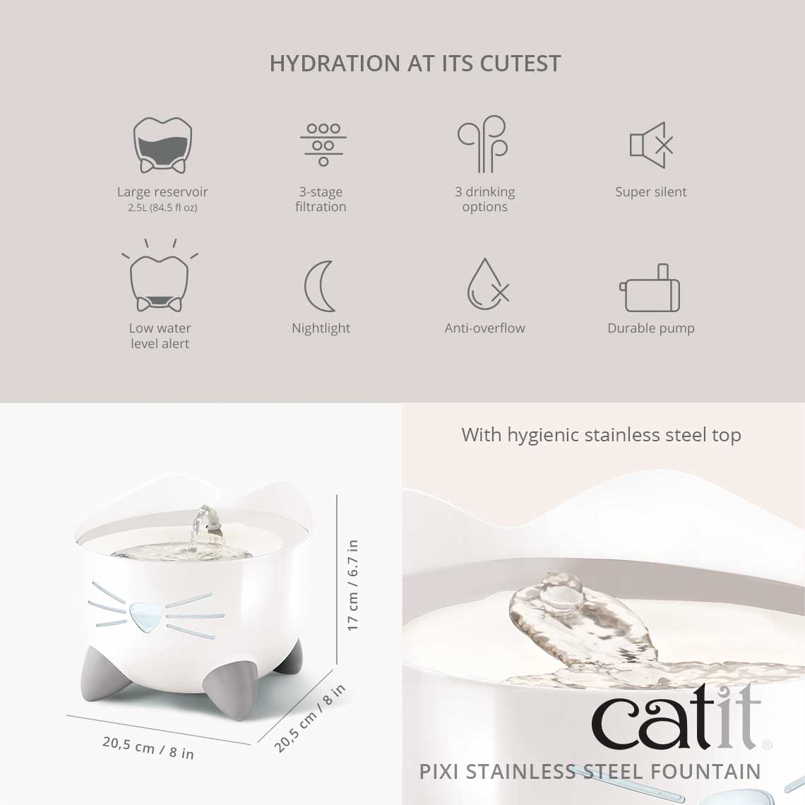 Catit PIXI Stainless Steel Drinking Fountain 2.5L