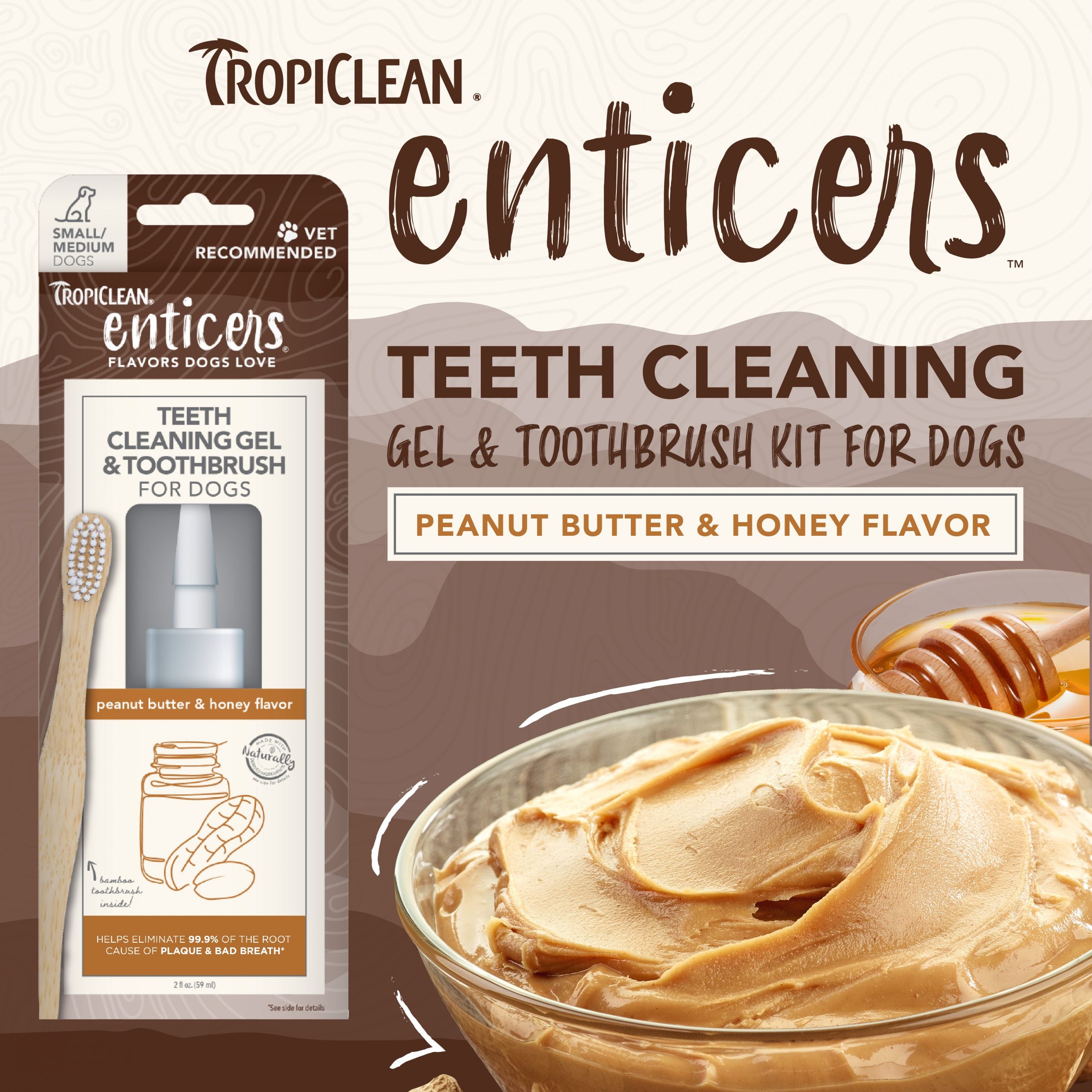 TropiClean Enticers Teeth Cleaning Gel and Toothbrush for Small/Medium Dogs Peanut Butter & Honey Gel 59ml
